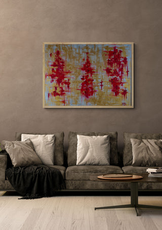 Die Tanzenden by ullimcart in a light oak frame on a warm grey wall above a brown sofa