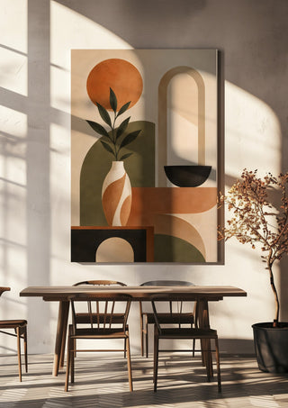 Abstract Earth-Tone Still Life by TimlessArtworks hanging above a wooden dining table in warm sunlight