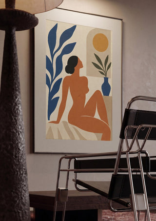 Matisse-Inspired Sunlit Muse by TimlessArtworks framed in a dim room beside a tubular steel chair