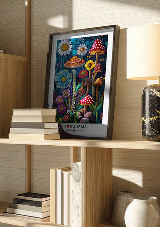 Wild Flowers and Mushrooms by Yokohama in a dark frame on a wooden shelf beside books and a lamp
