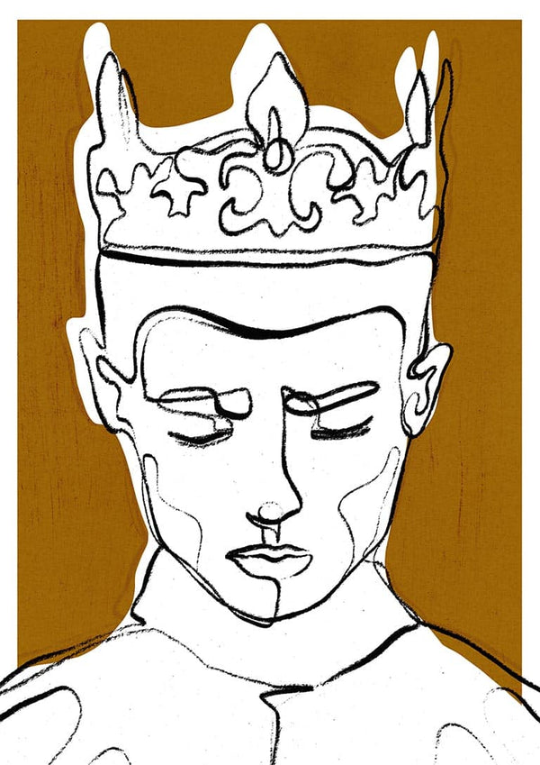 Abstract line drawing of a crowned figure with closed eyes on a golden background for The Decision - Treechild.