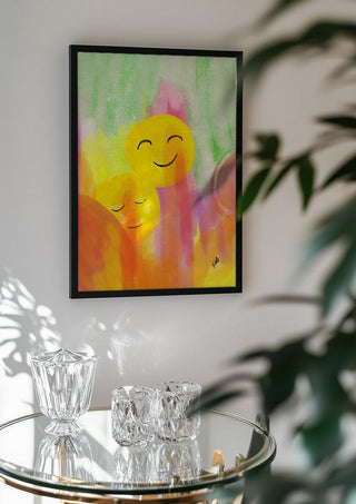 Smile and chill by FridaRit in a black frame above a glass table with crystal glassware