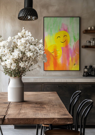 Smile and chill by FridaRit in a black frame above a rustic table with white flowers