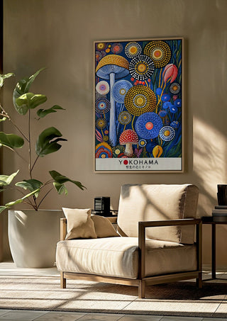 Dotted Garden at Night by Yokohama framed above a beige armchair beside a potted plant
