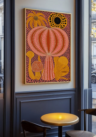 Pink Dotted Pumpkin by Yokohama in an oak frame on a panelled café wall