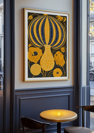 Yellow Dotted Pumpkin by Yokohama in an oak frame on a panelled café wall