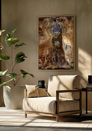 Tiden der var by Henrik Kock framed above a beige armchair beside a potted plant