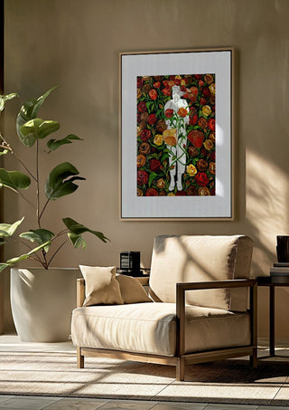 She stands in Bloom by Madame Petit framed above a beige armchair beside a potted plant