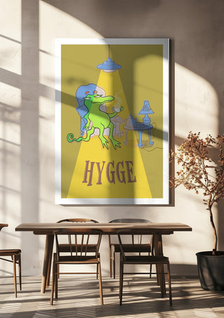 Hygge Crocodile - Yellow by Elisa Albanelli hanging above a wooden dining table in warm sunlight