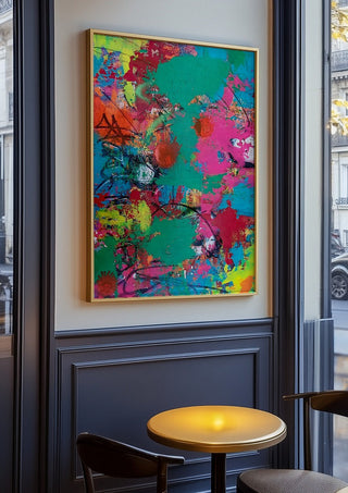 paint it loud by hazelart in an oak frame on a panelled café wall