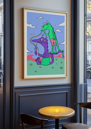 Crocodiles Friends by Elisa Albanelli in an oak frame on a panelled café wall
