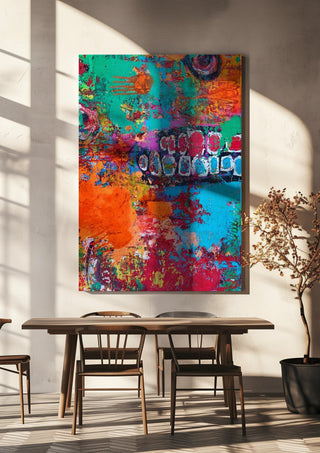 art against the maschine by hazelart hanging above a wooden dining table in warm sunlight