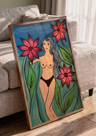 Body and Flowers. 2924 by Carmen Coduri in a walnut frame leaning against a grey sofa