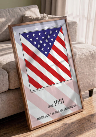 United States - Community Signal by Amadeus Fuchs in a walnut frame leaning against a grey sofa