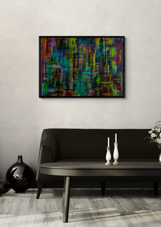 Colour Curtain by ullimcart in a black frame on a pale wall above a dark sofa with candlesticks