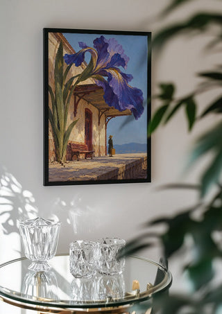 The Station in Bloom by Matthews Gallerie in a black frame above a glass table with crystal glassware