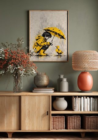 A Little Shelter by Matthews Gallerie above a wooden sideboard on a sage green wall