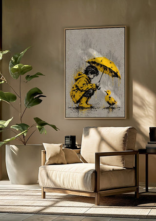 A Little Shelter by Matthews Gallerie framed above a beige armchair beside a potted plant