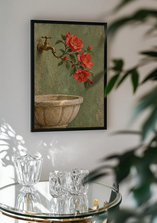 Where Spring Flows by Matthews Gallerie in a black frame above a glass table with crystal glassware