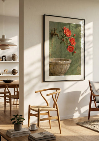Where Spring Flows by Matthews Gallerie in a black frame in a bright dining room with wooden chairs