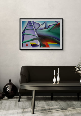 Futuris Landscape II by Luis Valquaresma in a black frame on a pale wall above a dark sofa with candlesticks