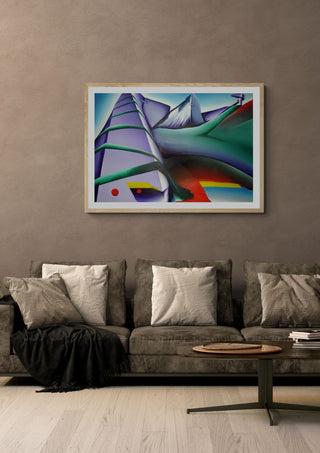 Futuris Landscape II by Luis Valquaresma in a light oak frame on a warm grey wall above a brown sofa