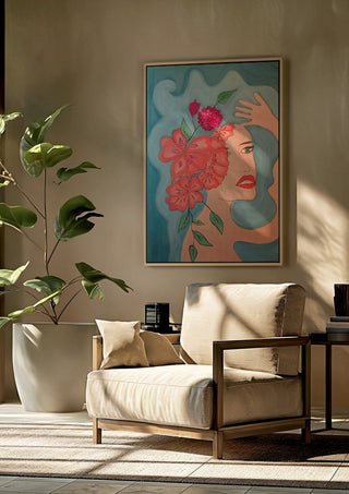 Flowers in head by Carmen Coduri framed above a beige armchair beside a potted plant