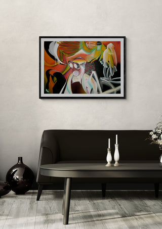 Inside the mind of the working man by Luis Valquaresma in a black frame on a pale wall above a dark sofa with candlesticks