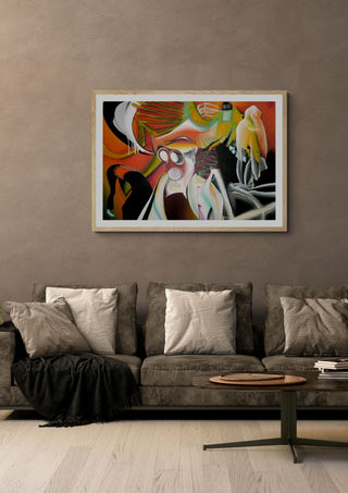Inside the mind of the working man by Luis Valquaresma in a light oak frame on a warm grey wall above a brown sofa