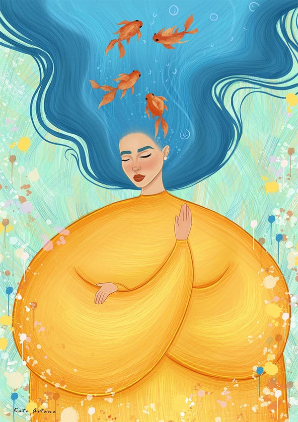 Illustration for Feeling Fishy by Kate Aitana, featuring a woman with blue hair and goldfish swimming above her head.