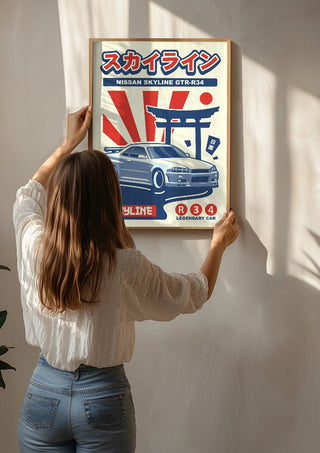 Nissan Skyline GTR R34 by Kaminarirace being hung on a sunlit wall