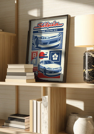 Nissan Silvia S15 by Kaminarirace in a dark frame on a wooden shelf beside books and a lamp