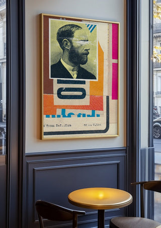 Beard by Kareem Rizk in an oak frame on a panelled cafe wall