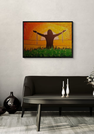 Vergebung by Olaf Baier in a black frame above a dark sofa with candlesticks