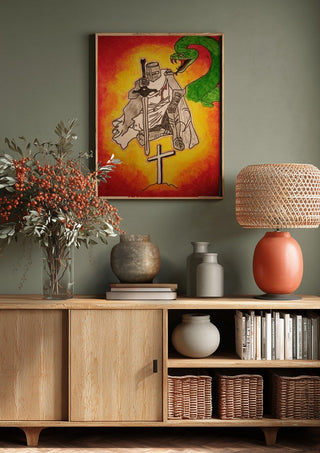 Sieg im Licht by Olaf Baier above a wooden sideboard on a sage green wall