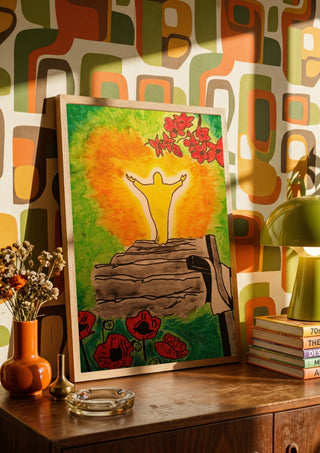 Die Wiederauferstehung by Olaf Baier in a wooden frame on a sideboard against a retro patterned wall