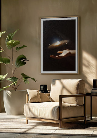 Supernova by Fran Rodriguez framed above a beige armchair beside a potted plant