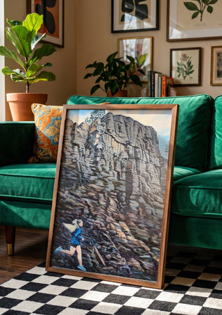 Skandinaviskt tystnad by Ramz Gadzh in a wooden frame leaning against a green velvet sofa on a chequered floor