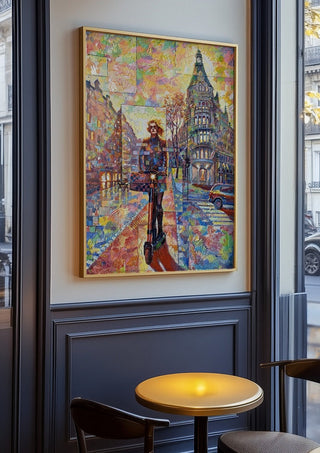 Elegans by Ramz Gadzh in an oak frame on a panelled café wall