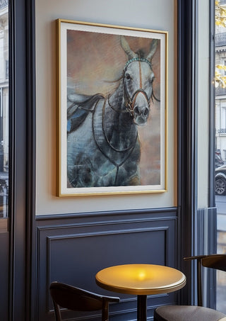 The Grey Horse by Mariia Nikolina in an oak frame on a panelled cafe wall