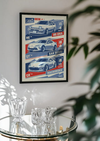 Toyota 86 Trilogy by Kaminarirace in a black frame above a glass table with crystal glassware