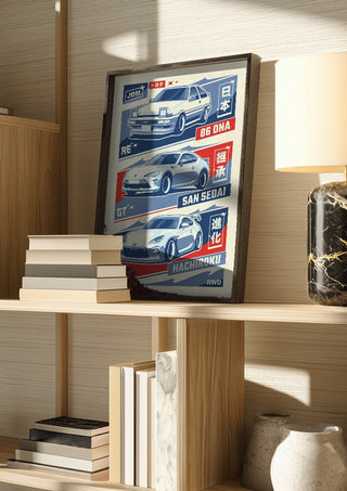 Toyota 86 Trilogy by Kaminarirace in a dark frame on a wooden shelf beside books and a lamp