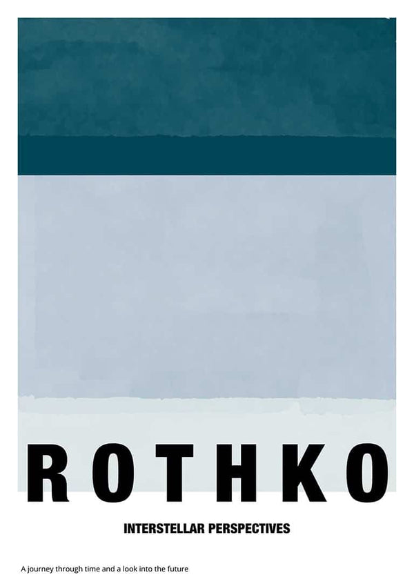 Abstract painting with blue and gray blocks, "Rothko Interstellar Perspectives" text below for product display.