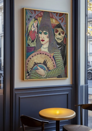 Mujer y muerte by Carlos Enrique Gozalo Ara in an oak frame on a panelled cafe wall