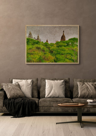 Temple jungle by GAHO in a pale wooden frame above a grey sofa with cushions