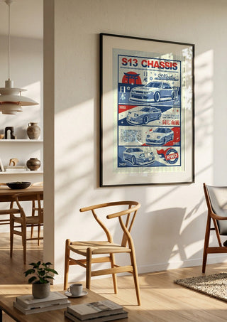 Nissan S13 Chassis by Kaminarirace in a black frame in a bright dining room with wooden chairs