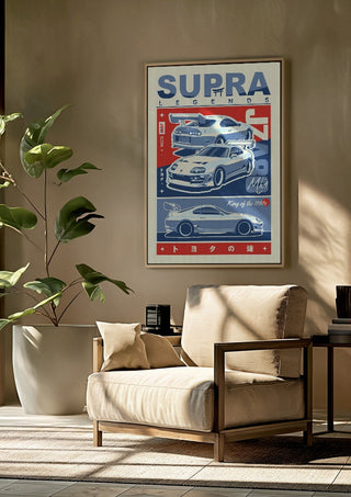 Toyota Supra MK4 by Kaminarirace framed above a beige armchair beside a potted plant