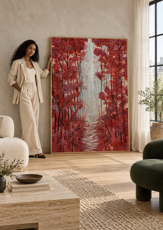 Into the Quiet by Maya in a tall wooden frame leaning against a wall in a sunlit room