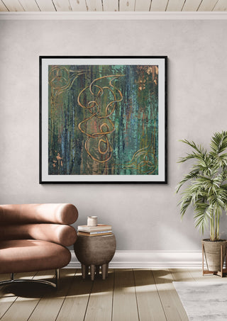 Irish mood by Dina in a black frame on a pale wall above a tan leather chair and a potted palm