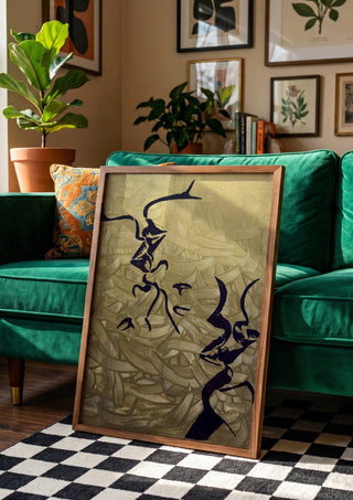 Whispers in Gold by Bibi in a wooden frame leaning against a green velvet sofa on a chequered floor